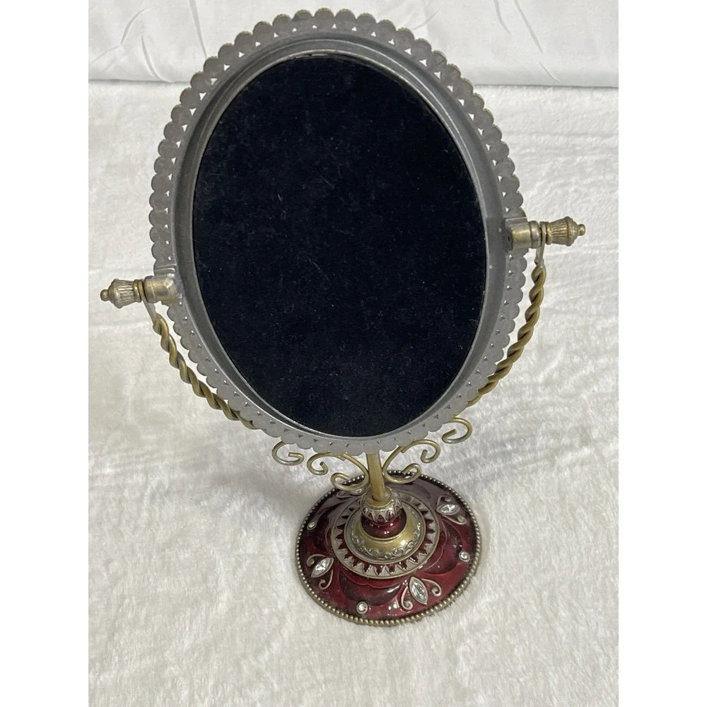 Tabletop Standing Vanity Mirror Enamel Rhinestone Pearl Granny Core Burgundy Red